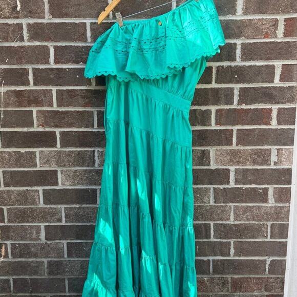 Antik Batik Aqua One Shoulder Maxi Dress Tiered Ruffle Cotton Resort Wear S - Picture 5 of 7